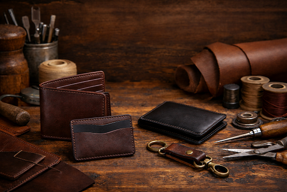 Emalatxana şəraitində çəkilmiş əl işi dəri pulqabılar, kartqabı və dəri açarlıq, taxta masa üzərində alətlər və materiallarla.